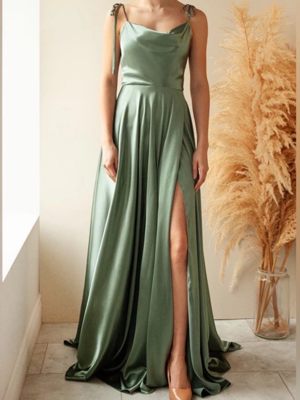 Moira Khaki | Cowl Neck Satin Maxi Dress with High Slit
